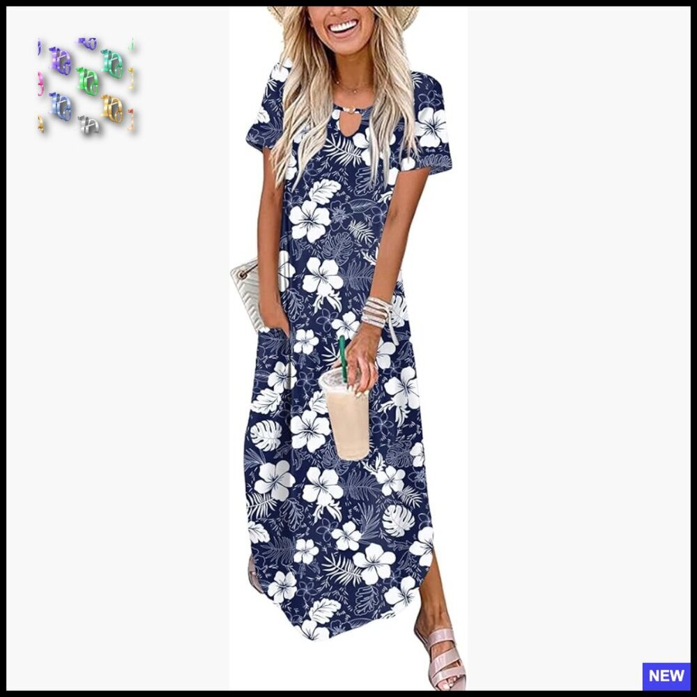 Maxi Summer Dress with Pockets Casual Short Sleeve Sundress Trendy Curve Hem